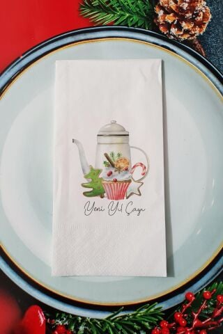 Yeni Yıl Çayı Yazılı Yılbaşı Kurabiyeli Yeni Yıl Sunum Peçetesi