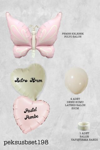 Retro Pembe Kelebekli Kalp Balonlu Balon Seti