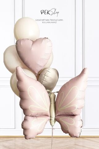Retro Pembe Kelebekli Kalp Balonlu Balon Seti