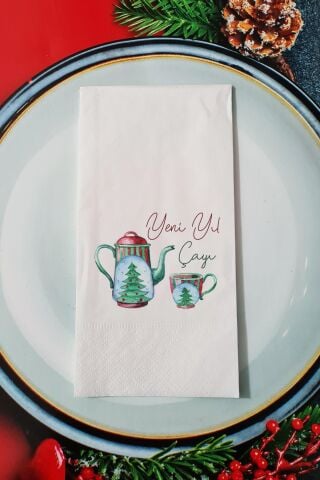 Yeni Yıl Çayı Yazılı Yılbaşı Desenli Yeni Yıl Sunum Peçetesi