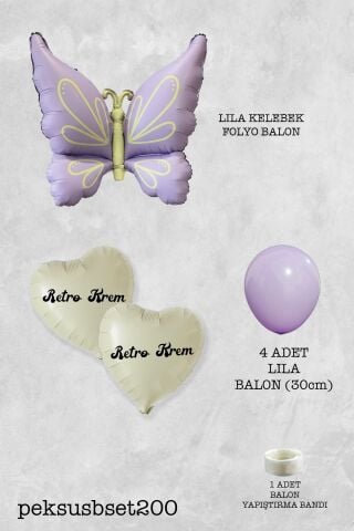 Retro Lila Kelebekli Kalp Balonlu Balon Seti