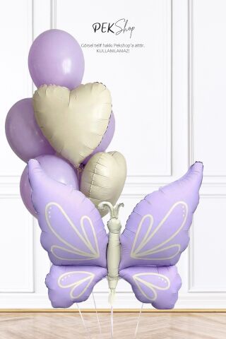 Retro Lila Kelebekli Kalp Balonlu Balon Seti