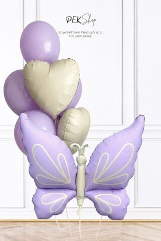 Retro Lila Kelebekli Kalp Balonlu Balon Seti