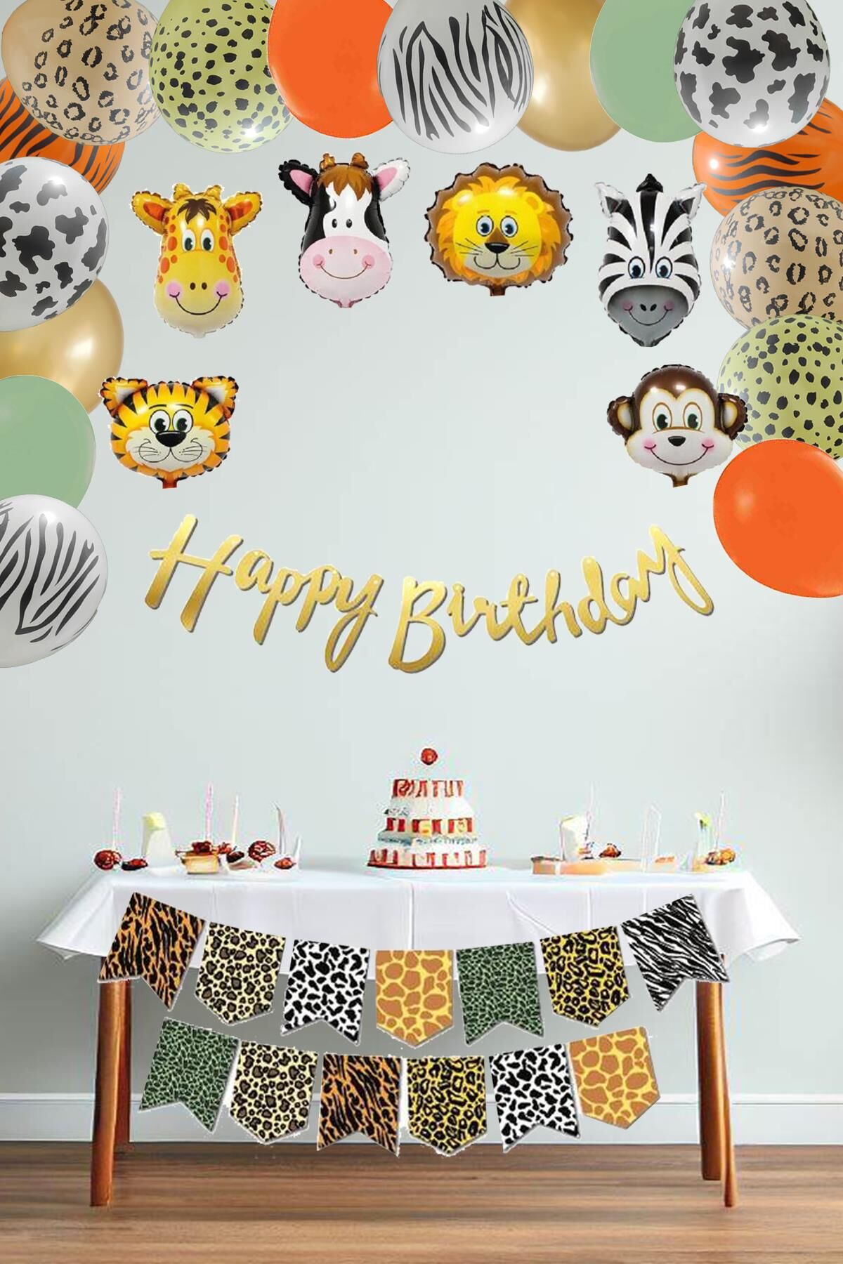 Safari Doğum Günü Parti Seti Balon Zinciri Flama Seti Hayvan Kafa Balonlar