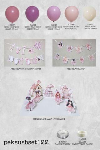 Peri Kızı Temalı Doğum Günü Süsleme Seti Banner ve Masa Üstü Panolu Balon Zinciri Seti