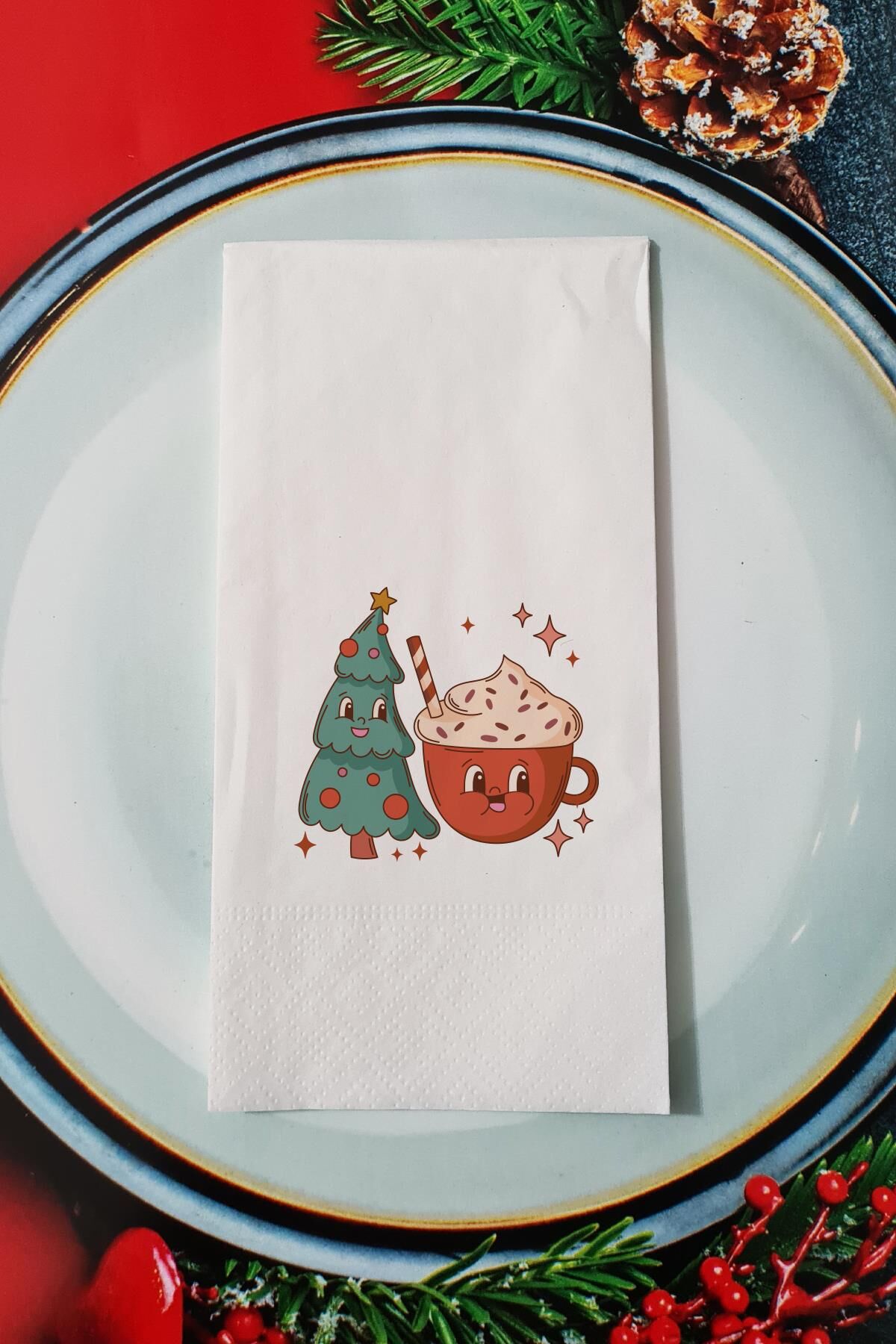 Kahve ve Yılbaşı Ağacı Yılbaşı - Yeni Yıl Sunum Peçetesi