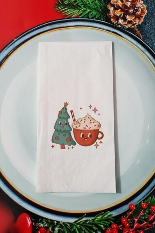 Kahve ve Yılbaşı Ağacı Yılbaşı - Yeni Yıl Sunum Peçetesi