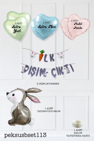 İlk Dişim Çıktı Tavşan ve Kalp Balonlu Süsleme Seti Diş Buğdayı Süsleri Bannerlı Paket