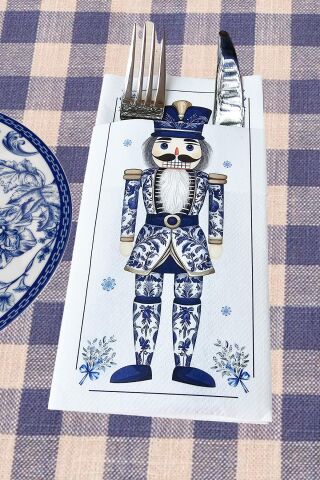 Kumaş Dokulu Peçete Bleu Blanc Büyük Kurşun Asker Baskılı Yılbaşı Peçetesi 6lı Cepli Lüks Peçete Paketi