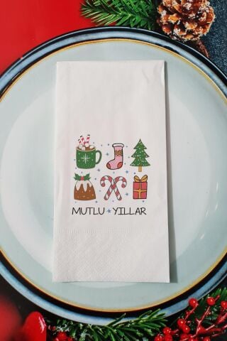 Mutlu Yıllar Yazılı Retro Desenli Yılbaşı - Yeni Yıl Sunum Peçetesi