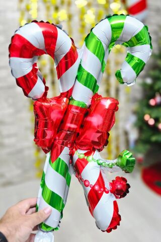 İkili Baston Şeker Folyo Balon Yılbaşı Süslemesi Yılbaşı Balonu