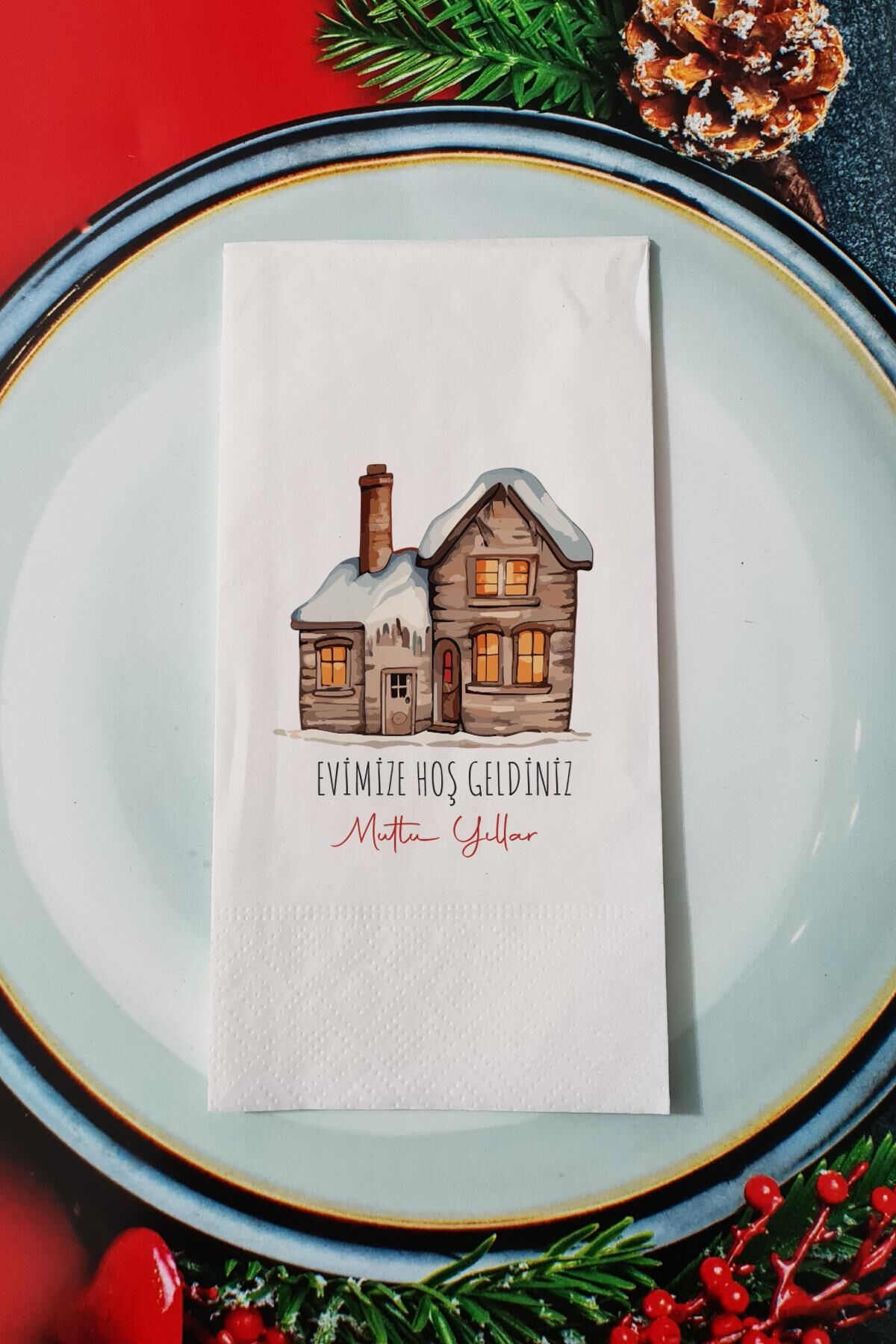 Evimize Hoş Geldiniz Yazılı Ev Desenli Yılbaşı - Yeni Yıl Sunum Peçetesi