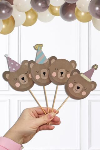 Ayıcık Tema Kürdan Süsleri Cupcake Süsleri Retro Ayı Konsept Lüks Büyük Boy 10lu Paket