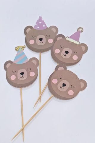 Ayıcık Tema Kürdan Süsleri Cupcake Süsleri Retro Ayı Konsept Lüks Büyük Boy 10lu Paket