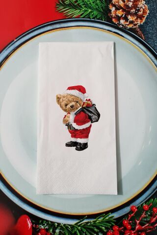 Noel Baba Kostümlü Teddy Bear Desenli Yılbaşı - Yeni Yıl Sunum Peçetesi