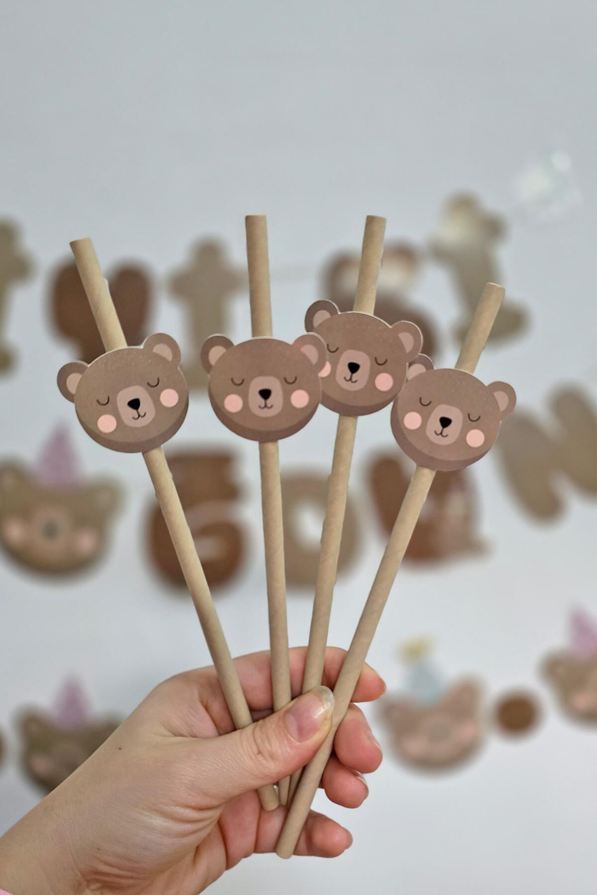 Ayıcık Tema Pipet Süsleri 10lu Retro Ayı Konsept Lüks Pipet Paketi