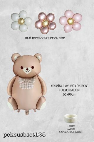 Retro Ayı ve 3 Retro Papatya Folyo Balon Seti