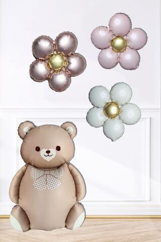 Retro Ayı ve 3 Retro Papatya Folyo Balon Seti