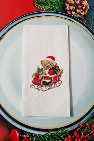 Kızaklı Teddy Bear Desenli Yılbaşı - Yeni Yıl Sunum Peçetesi