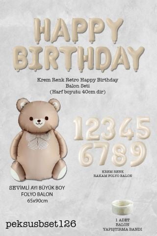 Retro Ayı Happy Birthday ve Krem Yaş Balonlu Retro Doğum Günü Balon Süsleme Seti