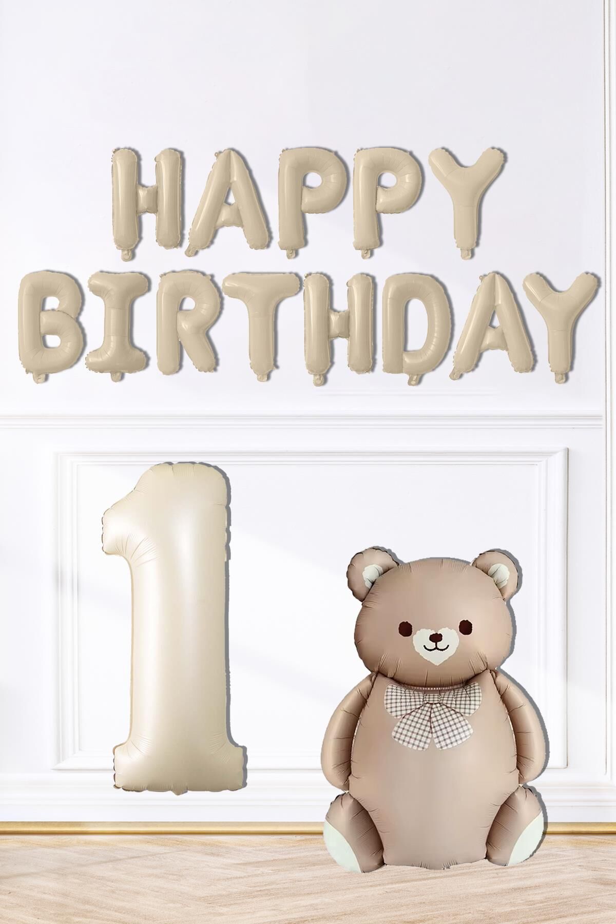 Retro Ayı Happy Birthday ve Krem Yaş Balonlu Retro Doğum Günü Balon Süsleme Seti