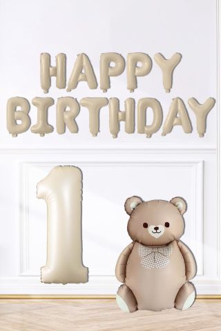 Retro Ayı Happy Birthday ve Krem Yaş Balonlu Retro Doğum Günü Balon Süsleme Seti