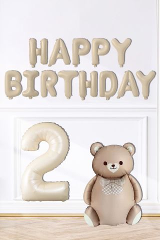 Retro Ayı Happy Birthday ve Krem Yaş Balonlu Retro Doğum Günü Balon Süsleme Seti