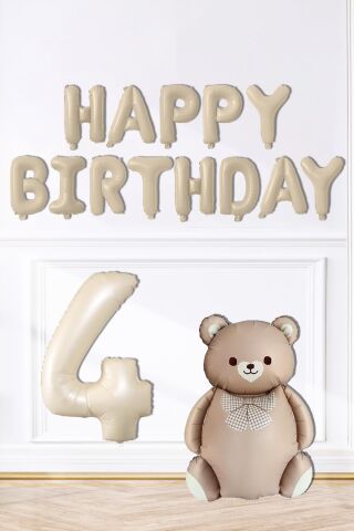 Retro Ayı Happy Birthday ve Krem Yaş Balonlu Retro Doğum Günü Balon Süsleme Seti