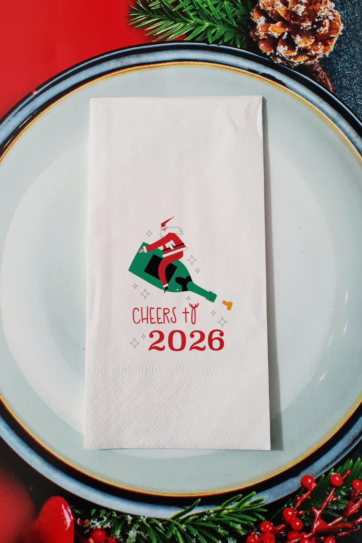 Cheers to 2026 Şampanya ve Noel Baba Desenli Yılbaşı - Yeni Yıl Sunum Peçetesi
