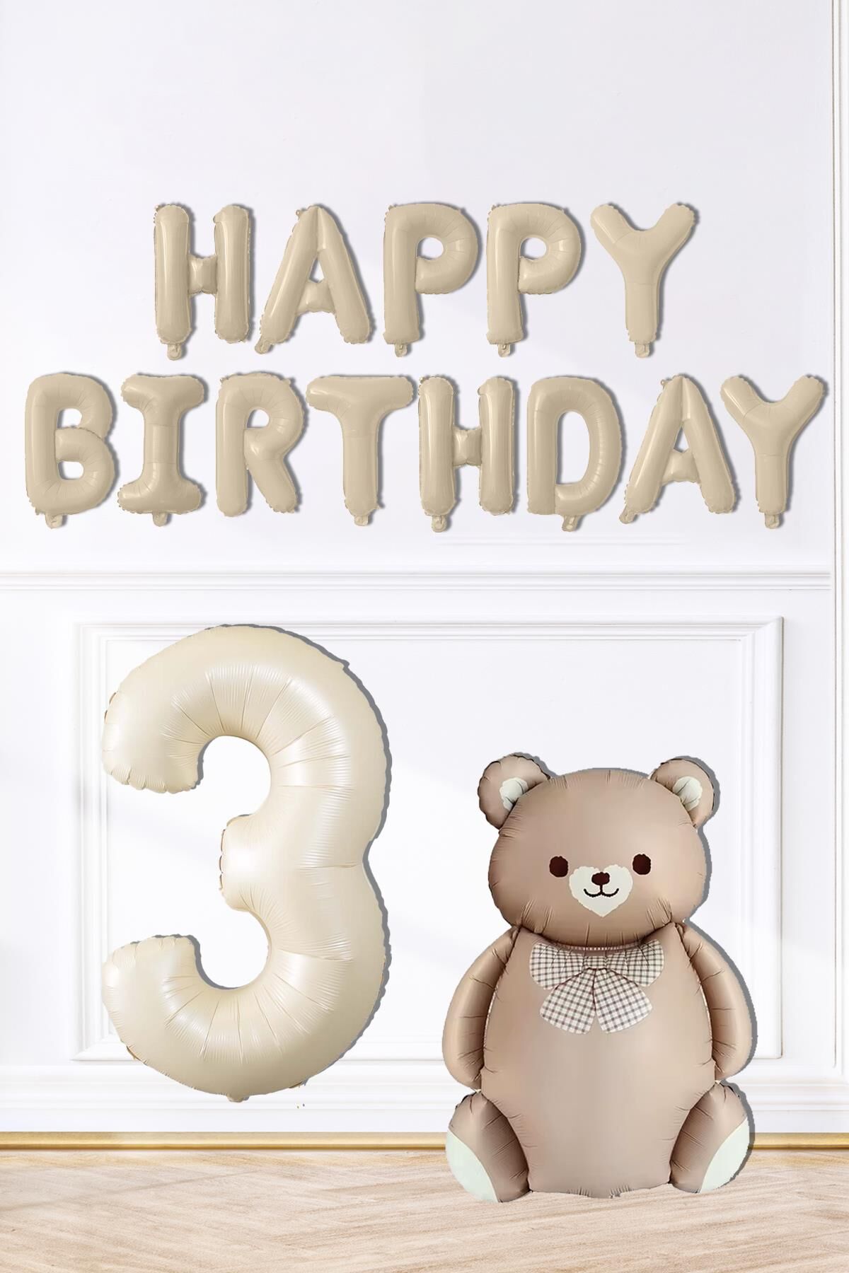 Retro Ayı Happy Birthday ve Krem Yaş Balonlu Retro Doğum Günü Balon Süsleme Seti 3