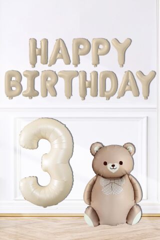 Retro Ayı Happy Birthday ve Krem Yaş Balonlu Retro Doğum Günü Balon Süsleme Seti 3