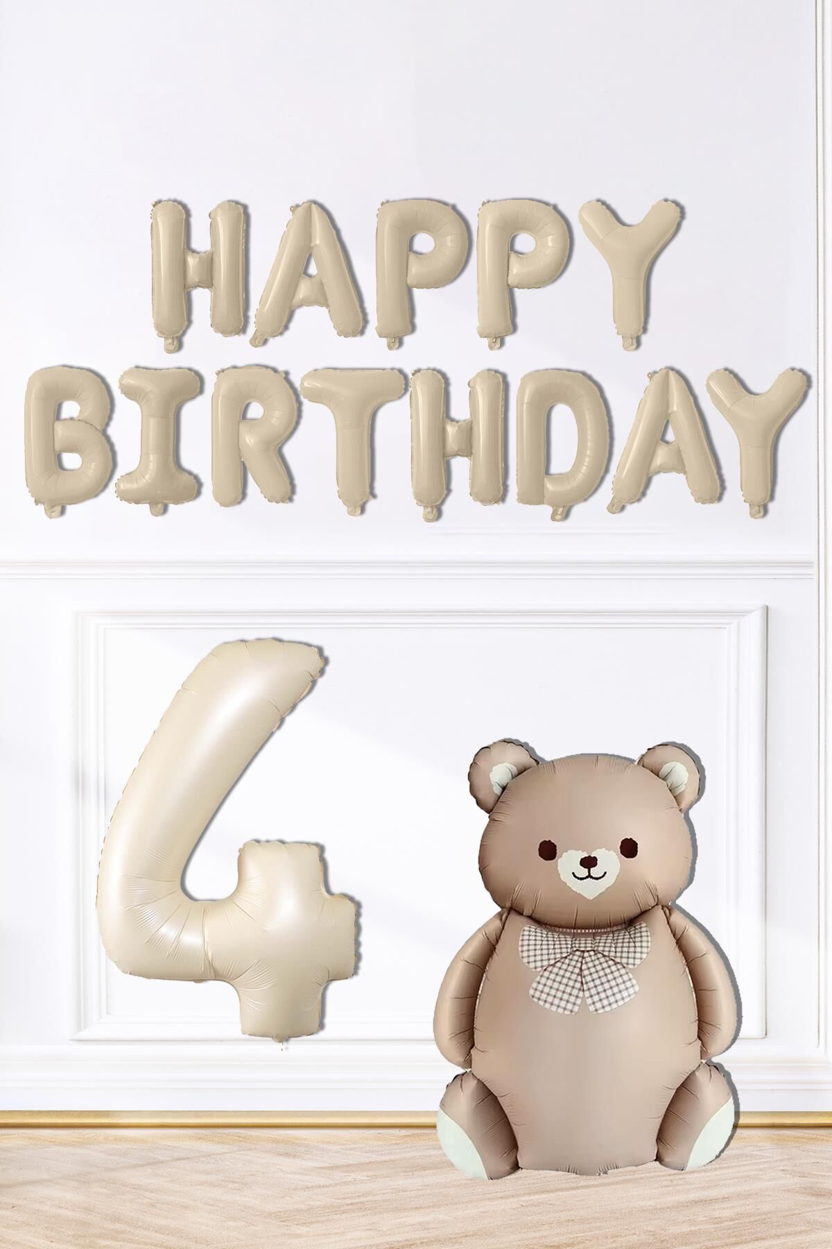 Retro Ayı Happy Birthday ve Krem Yaş Balonlu Retro Doğum Günü Balon Süsleme Seti 4