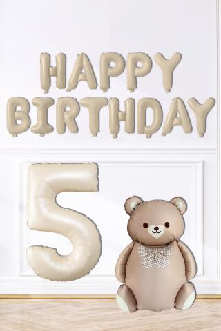 Retro Ayı Happy Birthday ve Krem Yaş Balonlu Retro Doğum Günü Balon Süsleme Seti 5
