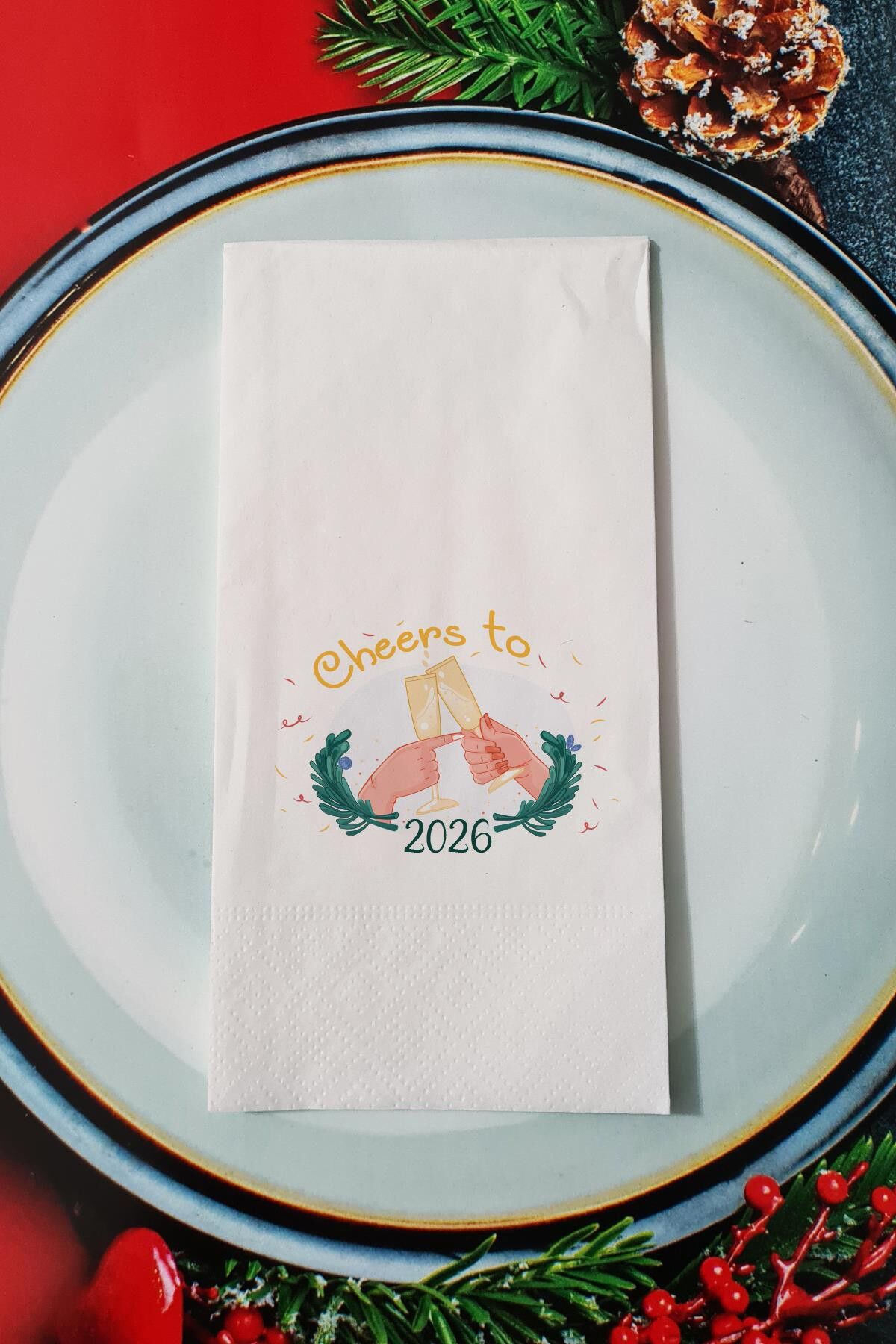 Cheers to 2026 Yazılı Yılbaşı Desenli - Yeni Yıl Sunum Peçetesi