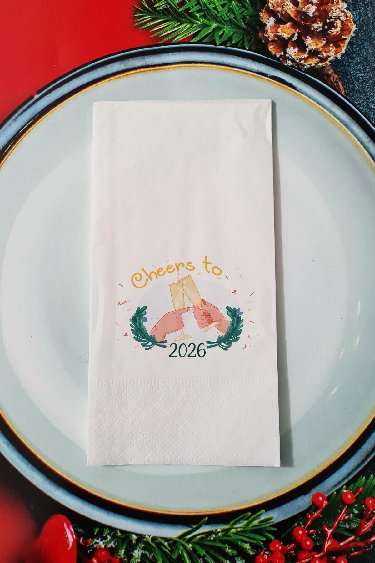 Cheers to 2026 Yazılı Yılbaşı Desenli - Yeni Yıl Sunum Peçetesi