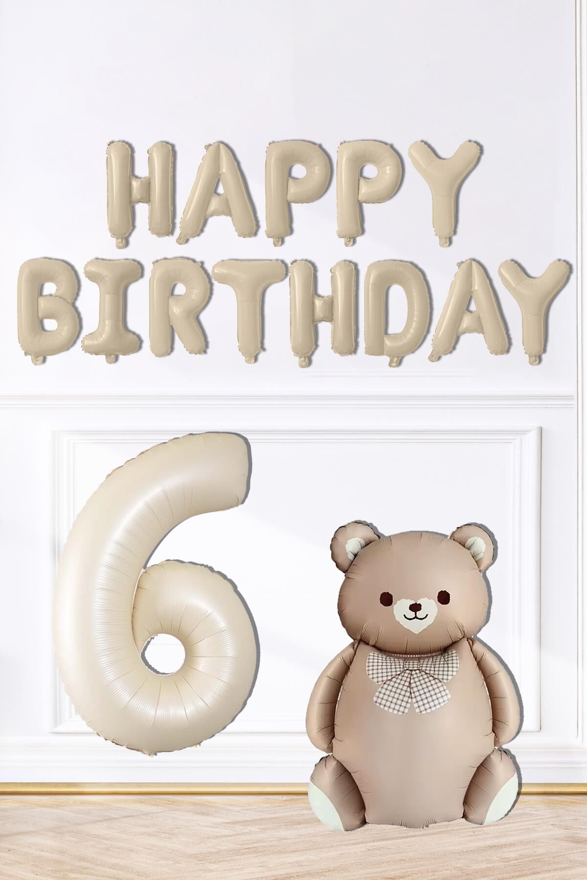 Retro Ayı Happy Birthday ve Krem Yaş Balonlu Retro Doğum Günü Balon Süsleme Seti 6