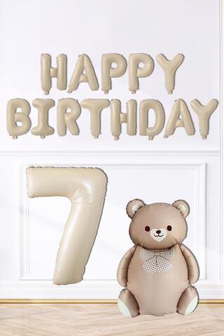 Retro Ayı Happy Birthday ve Krem Yaş Balonlu Retro Doğum Günü Balon Süsleme Seti 7