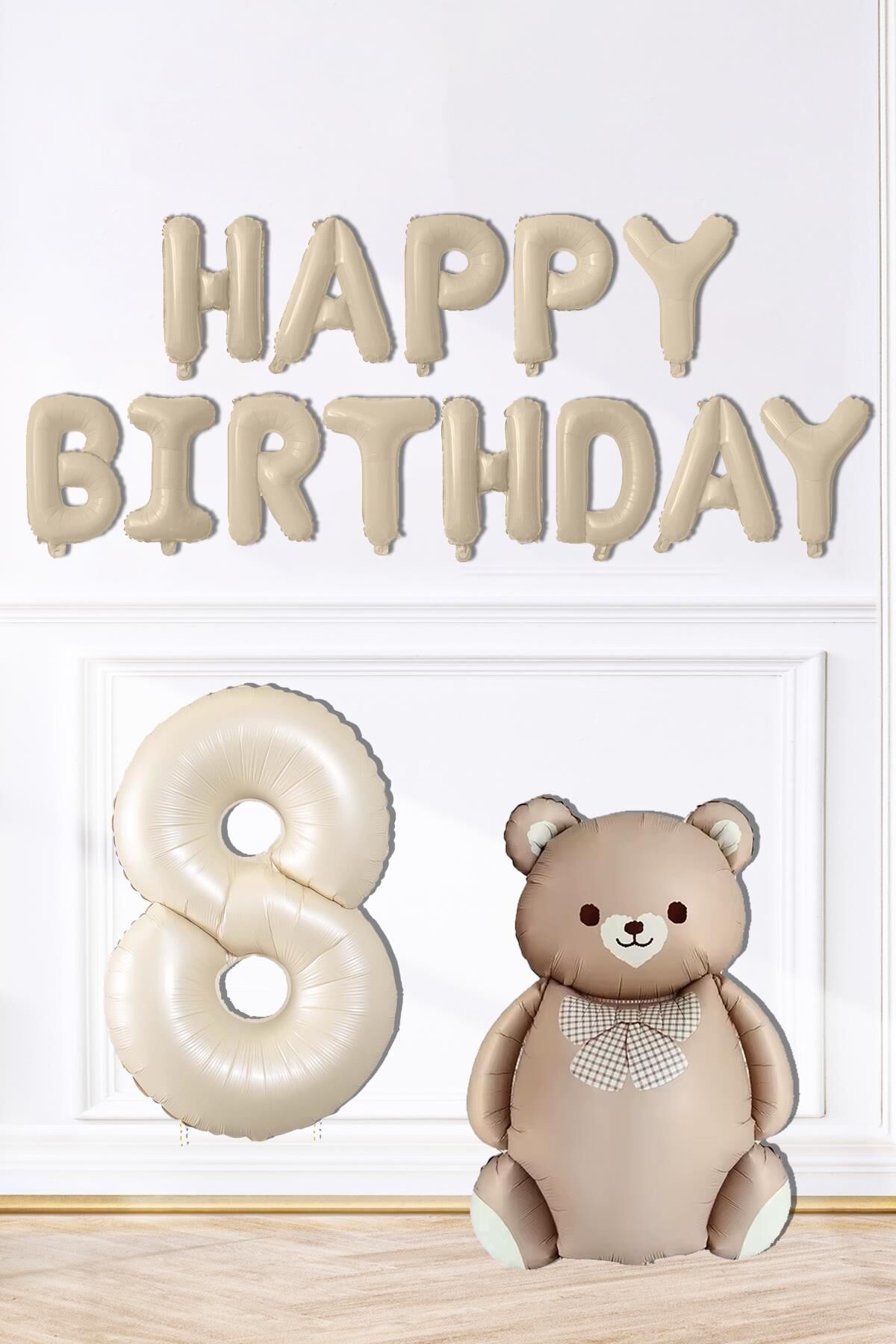 Retro Ayı Happy Birthday ve Krem Yaş Balonlu Retro Doğum Günü Balon Süsleme Seti 8