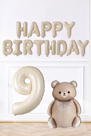 Retro Ayı Happy Birthday ve Krem Yaş Balonlu Retro Doğum Günü Balon Süsleme Seti 9