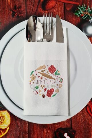 Kumaş Dokulu Afiyet Olsun Yazılı Yılbaşı Kurabiye Desenli - Yeni Yıl Sunum Peçetesi