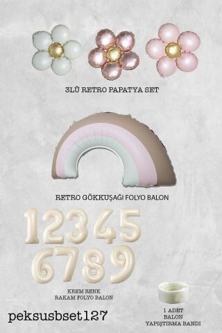 Retro Papatya Retro Pembe Gökkuşağı Tema Yaş Balonlu Doğum Günü Balon Seti