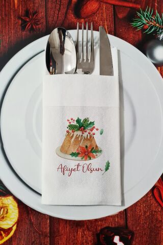 Kumaş Dokulu Afiyet Olsun Yazılı Yılbaşı Pudingi - Yeni Yıl Sunum Peçetesi