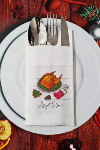 Kumaş Dokulu Afiyet Olsun Yazılı Yılbaşı Hindisi - Yeni Yıl Sunum Peçetesi