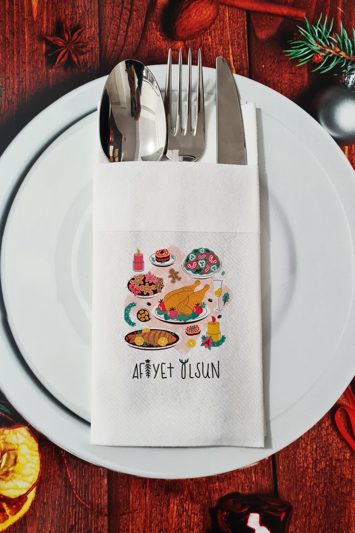 Kumaş Dokulu Afiyet Olsun Yazılı Yılbaşı Ziyafeti - Yeni Yıl Sunum Peçetesi