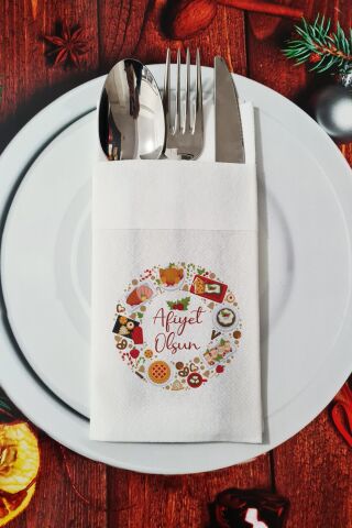 Kumaş Dokulu Afiyet Olsun Yazılı Yılbaşı Yemekleri - Yeni Yıl Sunum Peçetesi