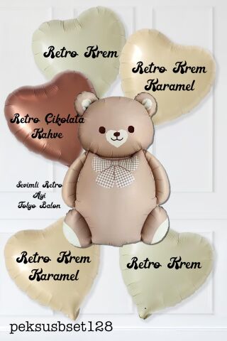 Retro Ayı ve 5 Retro Krem Karamel Çikolata Kahve Kalp Folyo Balon Seti