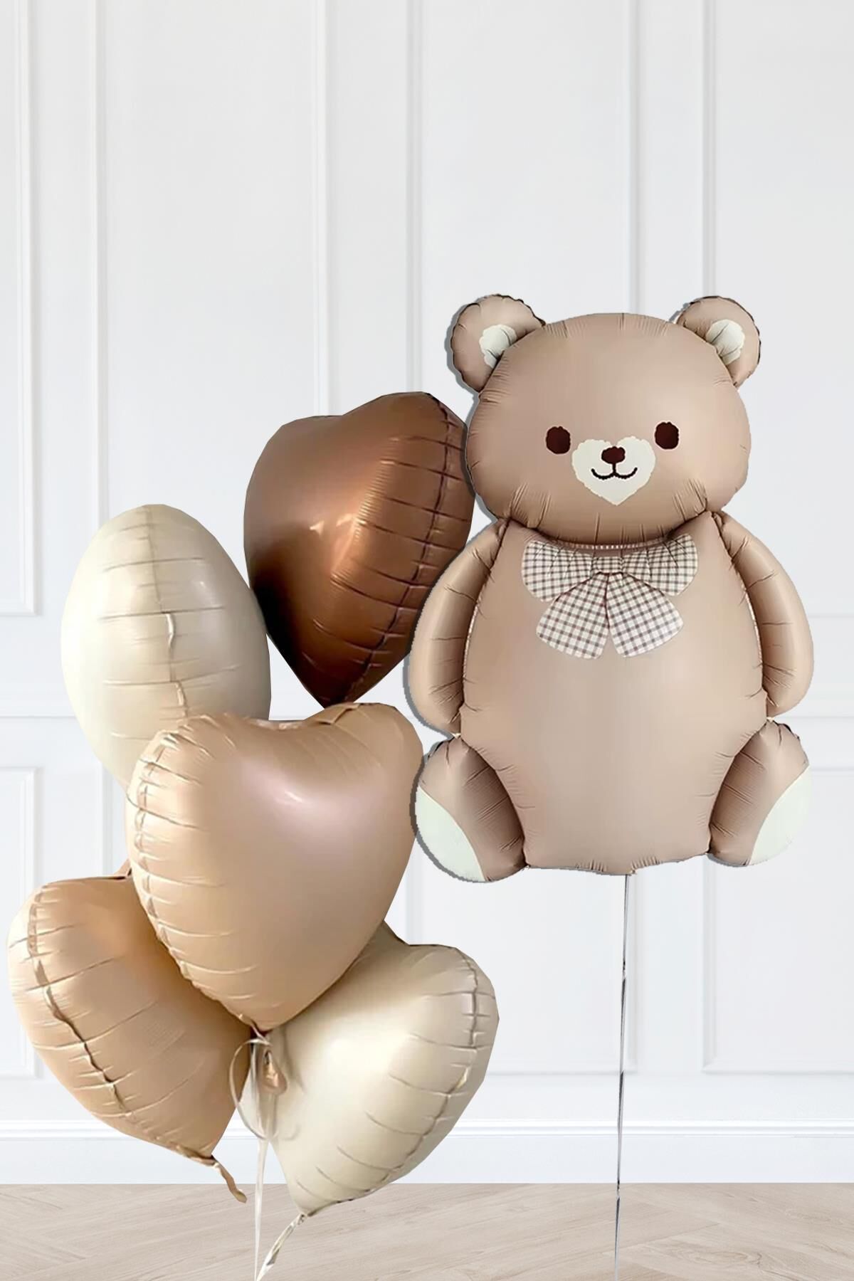 Retro Ayı ve 5 Retro Krem Karamel Çikolata Kahve Kalp Folyo Balon Seti