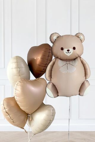 Retro Ayı ve 5 Retro Krem Karamel Çikolata Kahve Kalp Folyo Balon Seti