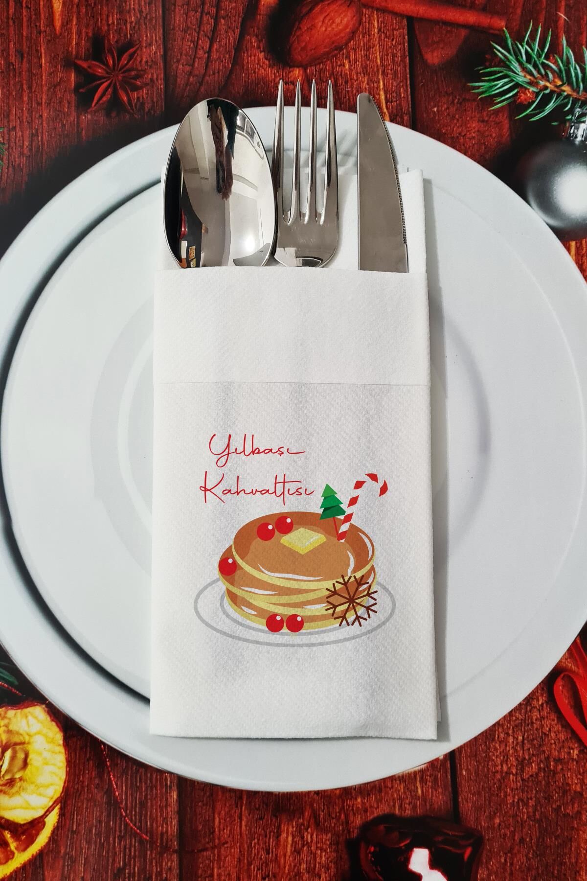 Kumaş Dokulu Yılbaşı Kahvaltısı Yazılı Yılbaşı Pancake - Yeni Yıl Sunum Peçetesi
