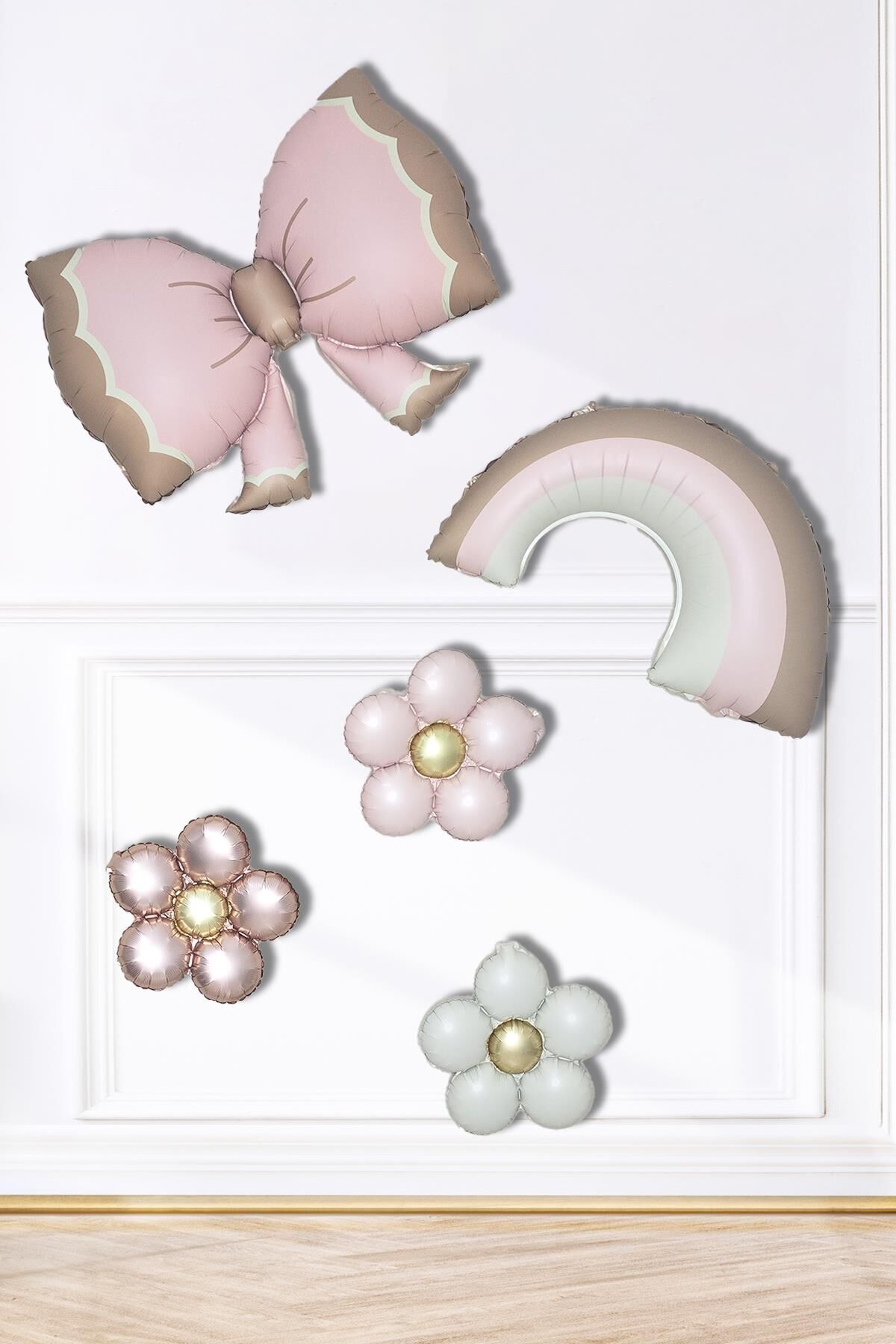 Retro Pembe Gökkuşağı Fiyonk ve Papatyalar Balon Seti